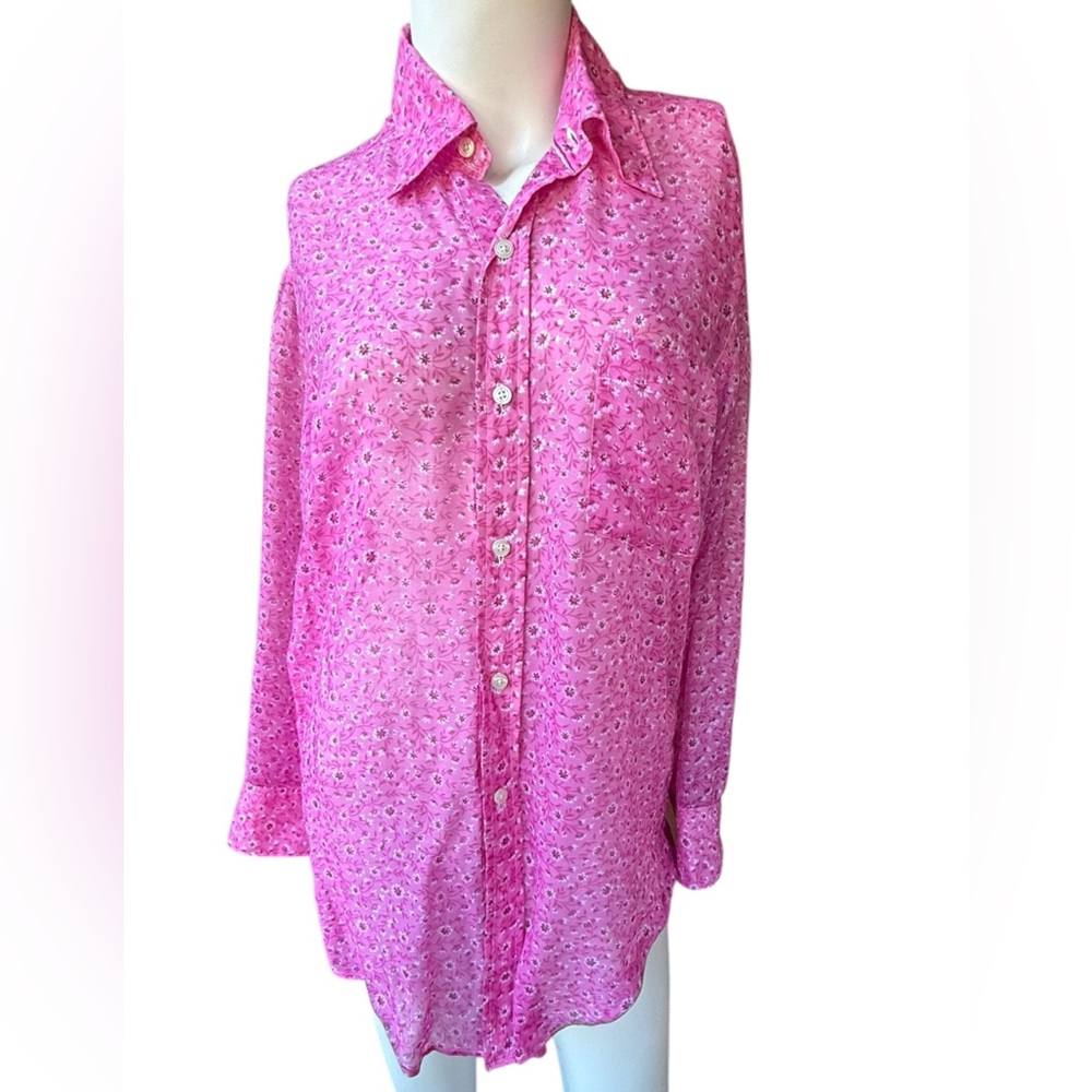 Vintage 00’S Tracy Feith l/s sheer pink/small floral cotton button down shirt 2